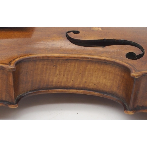 293 - A two piece back German 35.5cm together with an inlaid compartmentalised wooden violin case possibly... 