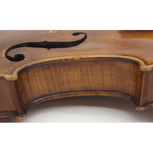 293 - A two piece back German 35.5cm together with an inlaid compartmentalised wooden violin case possibly... 