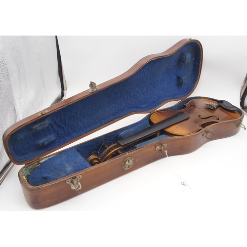 297 - A two piece back violin 35.5cm 