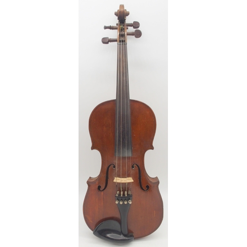 298 - A two piece back violin 35.5cm with case