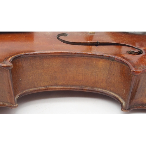 298 - A two piece back violin 35.5cm with case