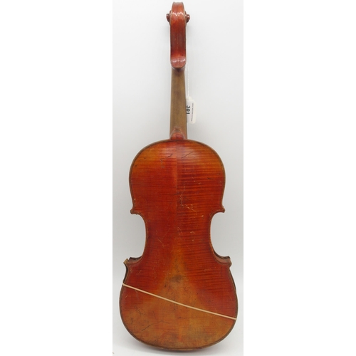 301 - A two piece back violin 35.5cm bearing label with inscription to the interior JOHN S. HARDIE MONTGOM... 