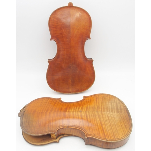 303 - A lot comprising two part violins and a violin case, two piece back 35cm and two piece back 36cm