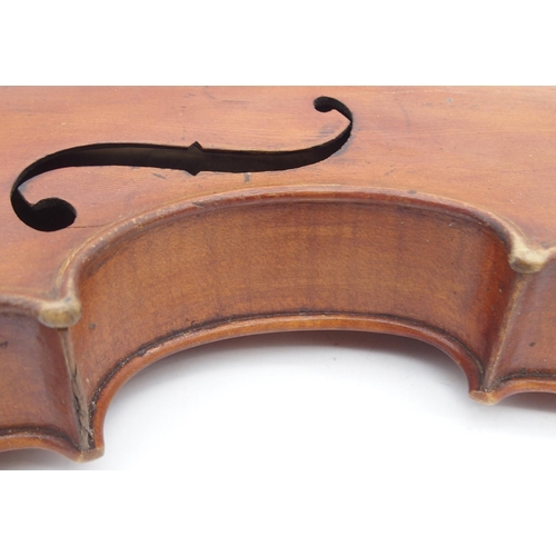 303 - A lot comprising two part violins and a violin case, two piece back 35cm and two piece back 36cm