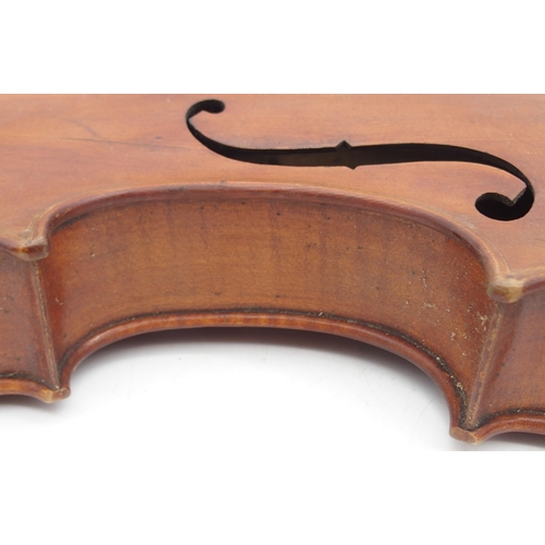 303 - A lot comprising two part violins and a violin case, two piece back 35cm and two piece back 36cm