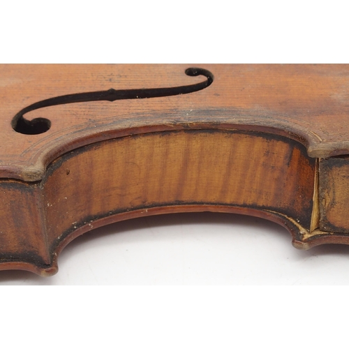 303 - A lot comprising two part violins and a violin case, two piece back 35cm and two piece back 36cm