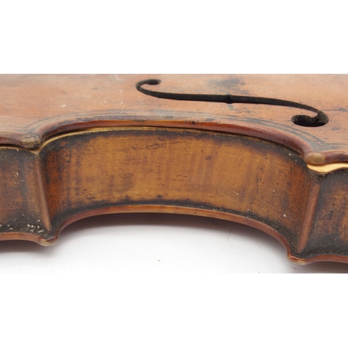 303 - A lot comprising two part violins and a violin case, two piece back 35cm and two piece back 36cm