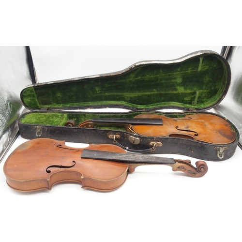 303 - A lot comprising two part violins and a violin case, two piece back 35cm and two piece back 36cm