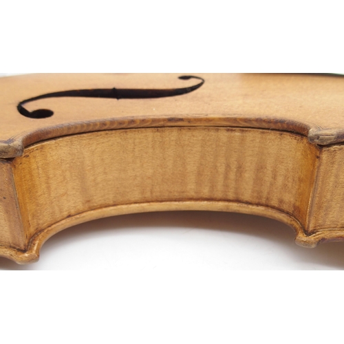 304 - A two piece back violin 35.5cm with a violin case