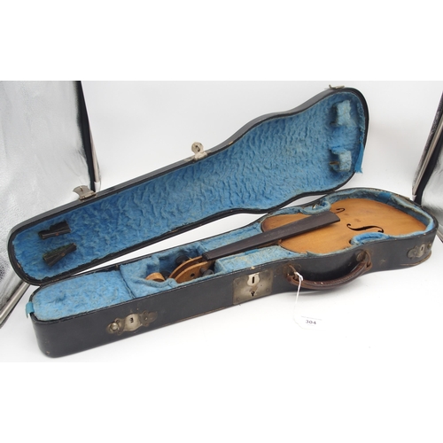 304 - A two piece back violin 35.5cm with a violin case