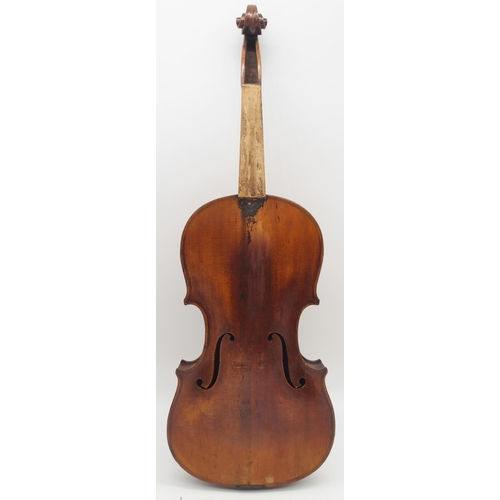 305 - A one piece back 35.5cm two piece top violin with case 