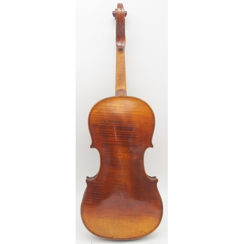 305 - A one piece back 35.5cm two piece top violin with case 