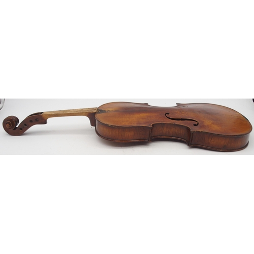 305 - A one piece back 35.5cm two piece top violin with case 