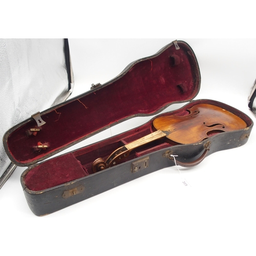 305 - A one piece back 35.5cm two piece top violin with case 