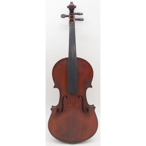 308 - A two piece back violin 35cm with a case