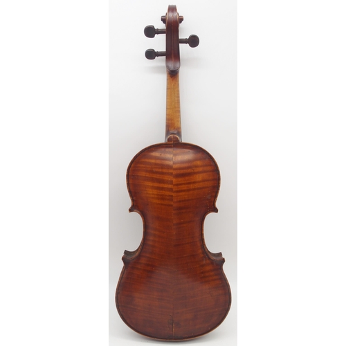 308 - A two piece back violin 35cm with a case