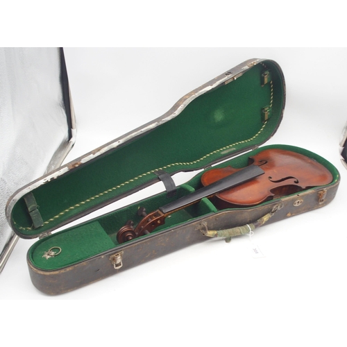 308 - A two piece back violin 35cm with a case