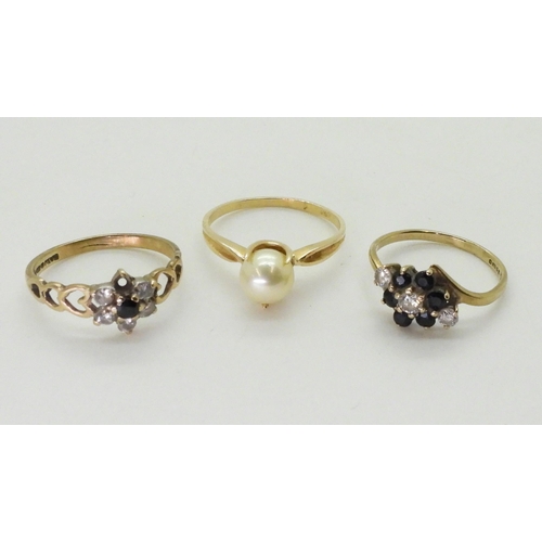 716 - A yellow metal pearl set ring, size O, together with two 9ct gold sapphire and clear gem set flower ... 