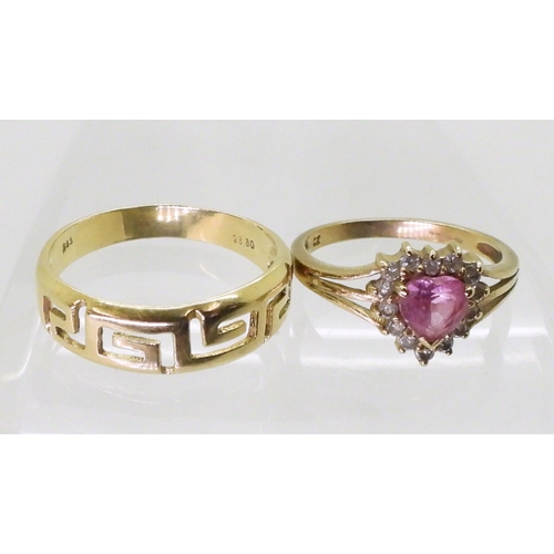 718 - A a 9ct gold pink & white cz set ring, size L, weight 1.7gms together with a 14k gold Greek key ... 