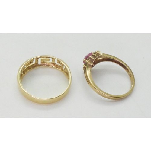 718 - A a 9ct gold pink & white cz set ring, size L, weight 1.7gms together with a 14k gold Greek key ... 