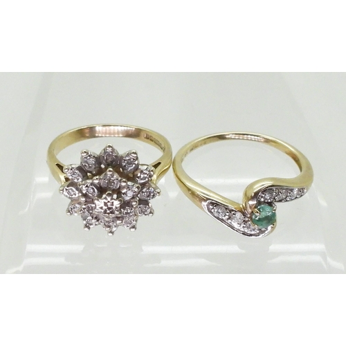 719 - A 9ct gold emerald and diamond ring, set with estimated approx 0.10cts of brilliant cut diamonds and... 