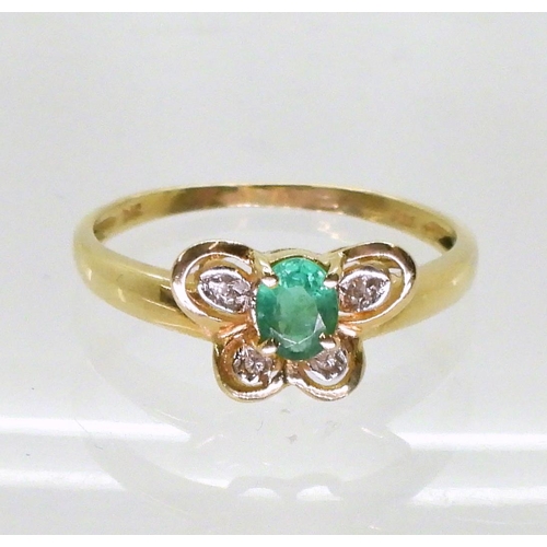 730 - A 14k gold emerald and diamond accent butterfly shaped ring, P, weight 1.9gms