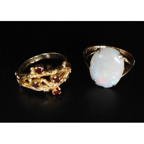 745 - A 9ct gold ring, set with garnets in the shape of a branch, size K, together with a 9ct gold (af) op... 