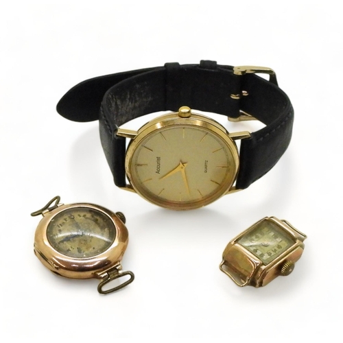 760 - A 9ct gold Accurist watch together with two 9ct gold cased vintage watch heads, weight all together ... 