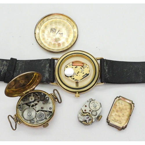 760 - A 9ct gold Accurist watch together with two 9ct gold cased vintage watch heads, weight all together ... 