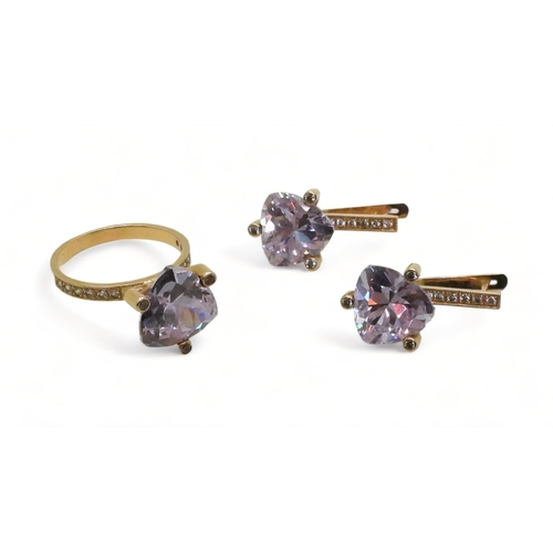 767 - A Russian 14k gold ring and earring suite, set with purple cubic zirconia trilliant cuts, and clear ... 