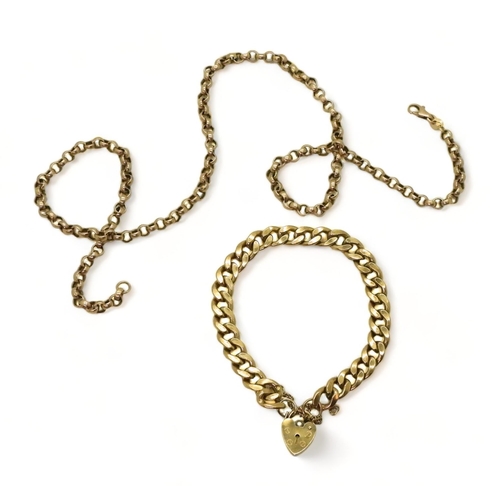 768 - A 9ct gold curb chain bracelet, with heart shaped clasp, length 18cm, together with a 9ct gold belch... 