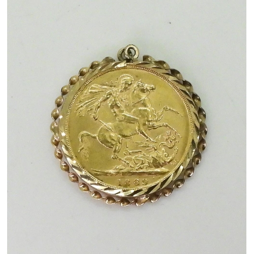 778 - An 1889 gold full sovereign in a 9ct gold pendant mount, weight together 8.8gms