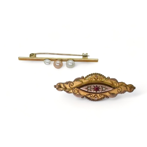 785 - A 9ct gold locket back brooch set with a red gem and pearls, and a pink and white pearl set brooch, ... 