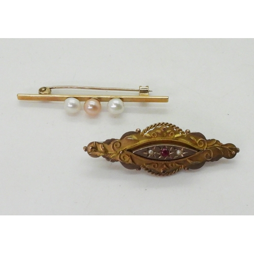 785 - A 9ct gold locket back brooch set with a red gem and pearls, and a pink and white pearl set brooch, ... 