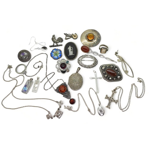 790 - A collection of silver and costume jewellery to include, a citrine and marcasite pendant, an Ortak e... 