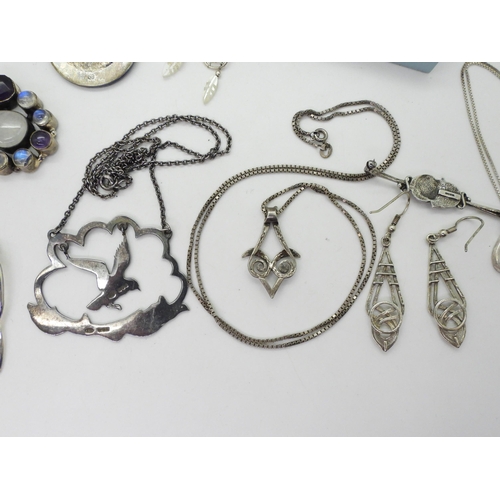 794 - Three silver Ola Gorie items, birds pendant, a brooch and earrings, a Norwegian Solje brooch, a silv... 