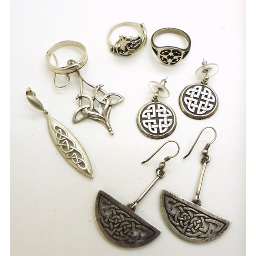 796 - A pair of silver knotwork Sheila Fleet earrings, items by Ola Gorie to include three rings, a pair o... 