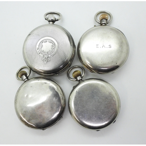 797 - A silver open face pocket watch, hallmarked Chester 1896, with jeweled and engraved movement, a silv... 