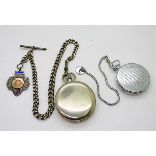 816 - A silver fob chain, with attached Medallion, with a white metal Everite open face pocket watch and a... 