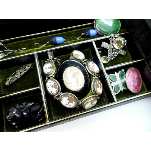 821 - A silver cameo bracelet, a shell cameo and jet brooch of Psyche and Cupid, a Charles Horner green pl... 