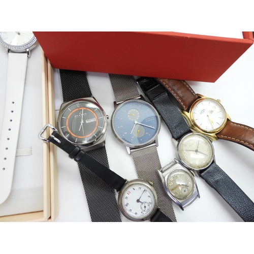 822 - Two Skagen Danish design Gents watches, two silver vintage watches and other items