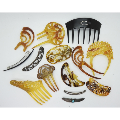 823 - A collection of decorative hair combs in horn and early plastic together with hair slides to include... 