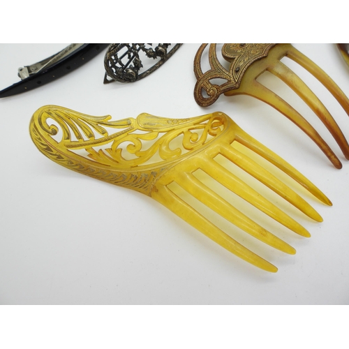 823 - A collection of decorative hair combs in horn and early plastic together with hair slides to include... 