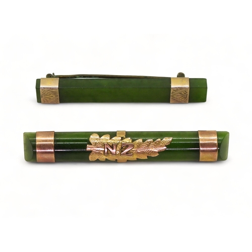 778A - Two New Zealand jade bar brooches mounted with 9ct and yellow metal, length of the longest 5.3cm, we... 