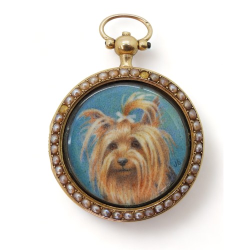 2832 - A YORKSHIRE TERRIER PORTRAIT MINIATUREpainted on ivory and mounted inside a yellow metal fob watch c... 