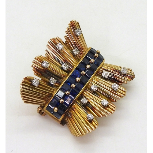 2805 - A RETRO SAPPHIRE & DIAMOND BROOCHcraftsman made in bright yellow metal, set with a double band o... 