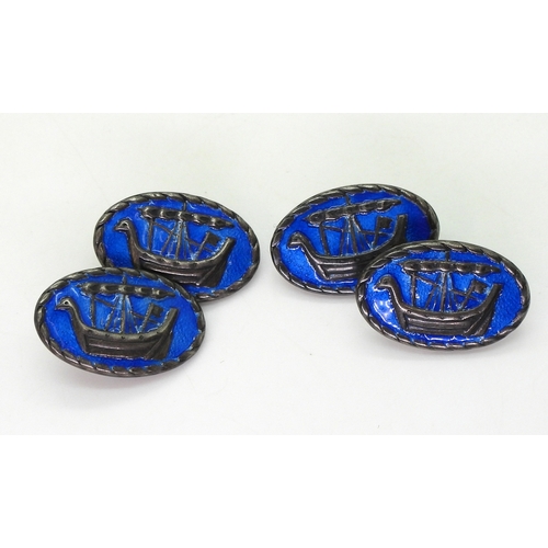 2807 - ALEXANDER RITCHIE PATTERN CUFFLINKSwith viking longships to both sides enamelled in blue, back of th... 