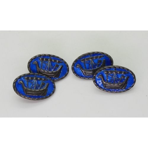 2807 - ALEXANDER RITCHIE PATTERN CUFFLINKSwith viking longships to both sides enamelled in blue, back of th... 