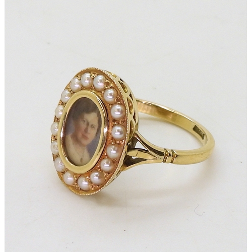 2824 - 18CT GOLD MOURNING RINGset with a hand painted miniature, and split pearls. Miniature 10mm x 8mm, ea... 