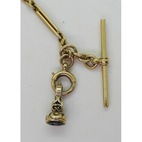 2834 - AN 18CT GOLD FOB CHAINwith baton links and fancy knot links, made by John Goffe & Son, length 34... 